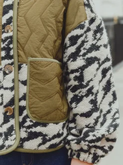 Olive Green/Animal Print - Fluffy Cosy Woven Button Through Borg Jacket