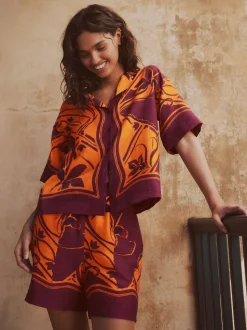 Orange/Burgundy Exotic Border Print - Elasticated Waist Resort Shorts