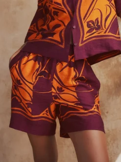 Orange/Burgundy Exotic Border Print - Elasticated Waist Resort Shorts