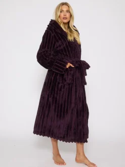 Paars - Loungeable Plush Ridged Fleece Midi Hooded Dressing Gown