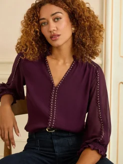 Paars - Love & Roses blouse met V-hals en hardware met 3/4 mouwen