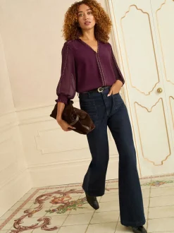 Paars - Love & Roses blouse met V-hals en hardware met 3/4 mouwen