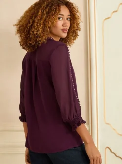 Paars - Love & Roses blouse met V-hals en hardware met 3/4 mouwen