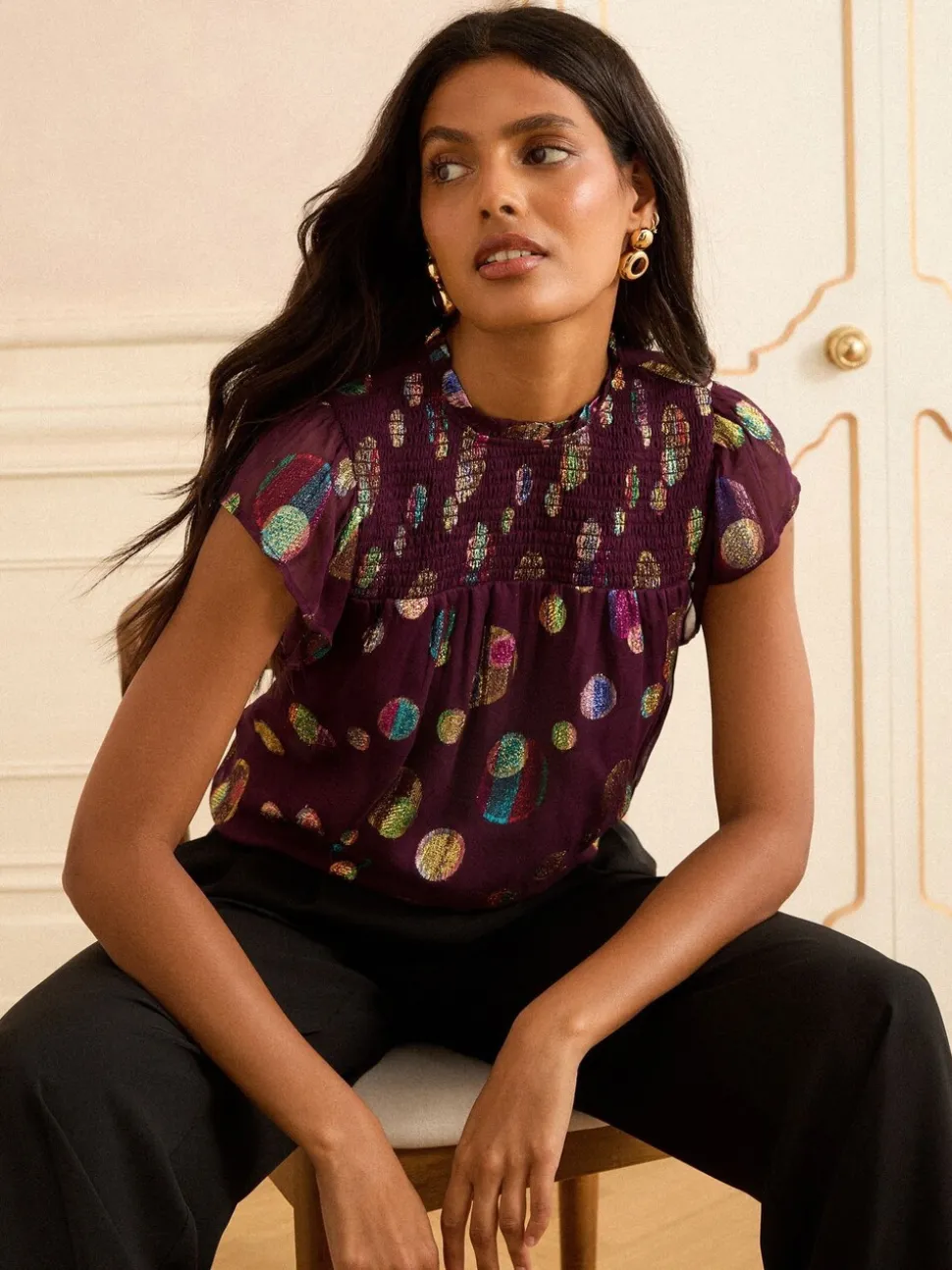 Paars met stippen - Love & Roses - Metallic top met ronde hals