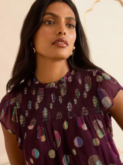Paars met stippen - Love & Roses - Metallic top met ronde hals