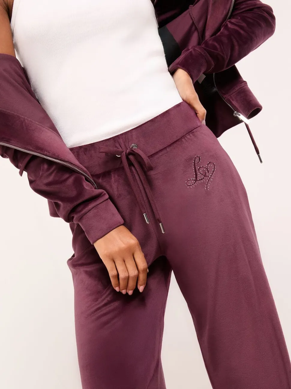 Paarsblauw - Lipsy Geborduurde Velours Joggingbroek met Wijde Pijpen en Relaxte Pasvorm