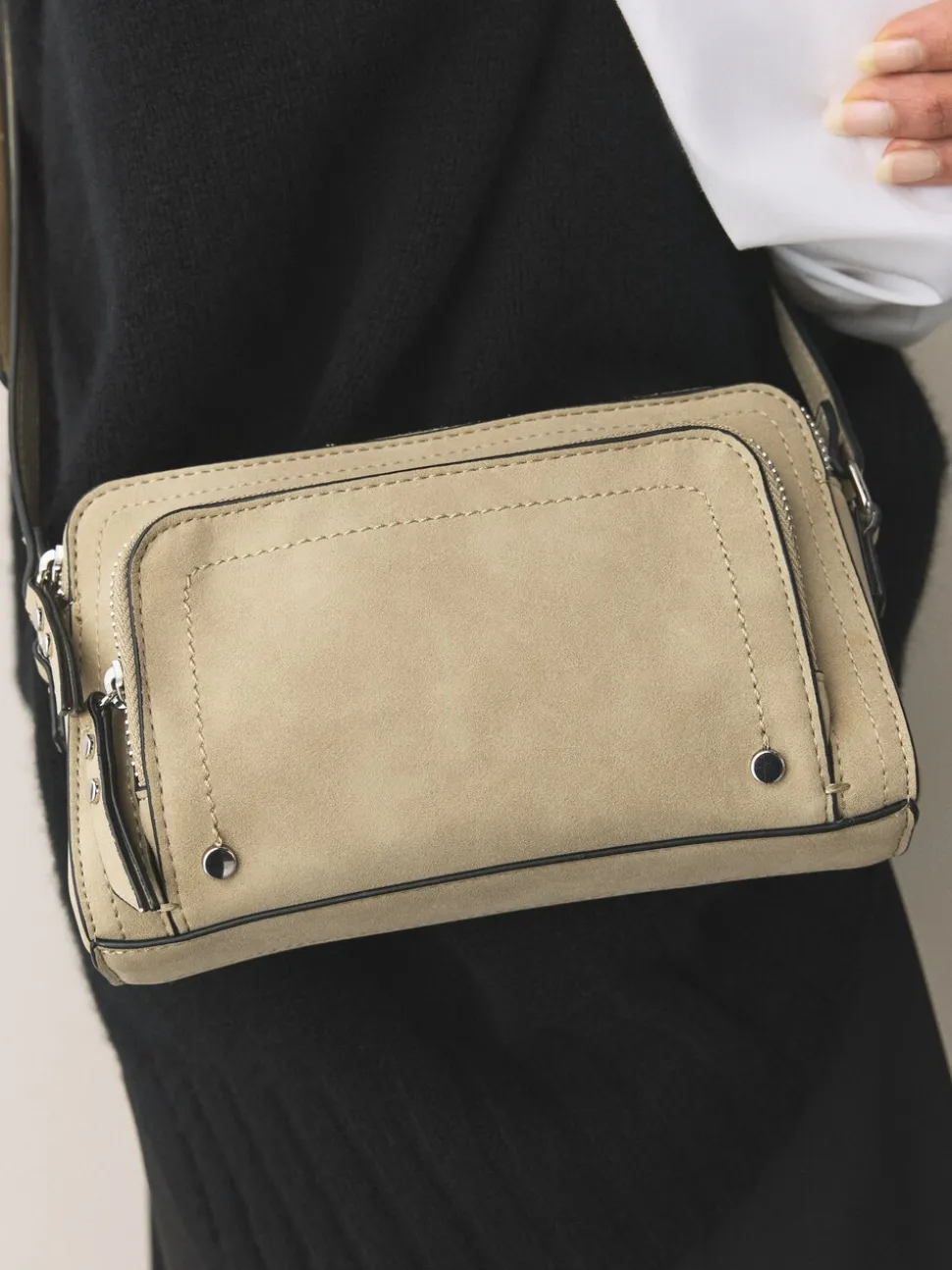 Pastelgeel - Double Zip Cross-Body Faux Suede Bag