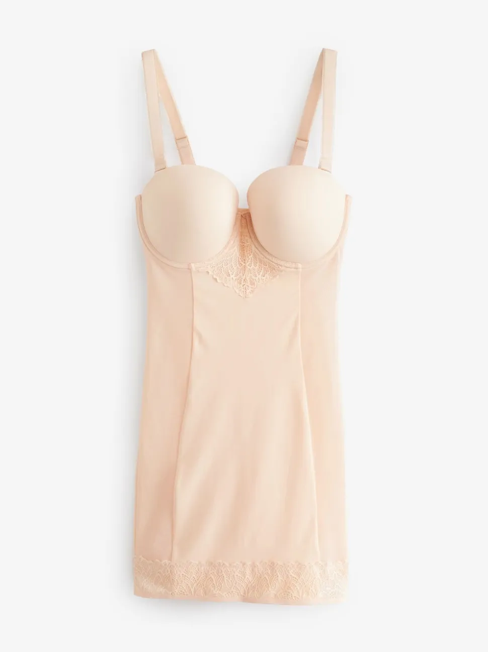 Pastelroze nude - Kanten DD+ slipdress met lichte vulling en sterke buikcorrectie