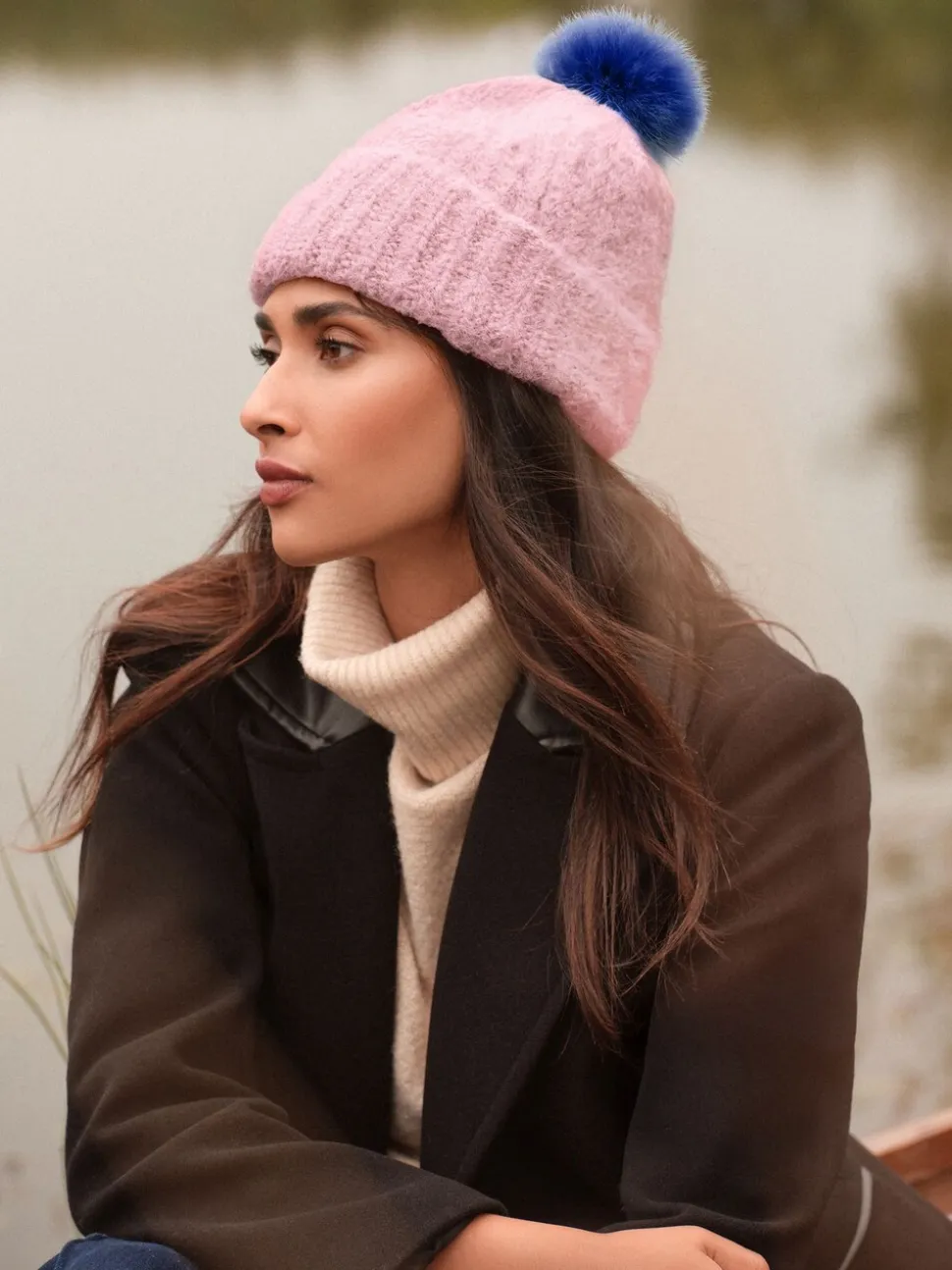Pink and Blue Constrast - Love & Roses Cosy Pom Hat