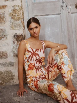 Pink Floral Patch Print - Square Neck Wide Leg Jersey Jumpsuit