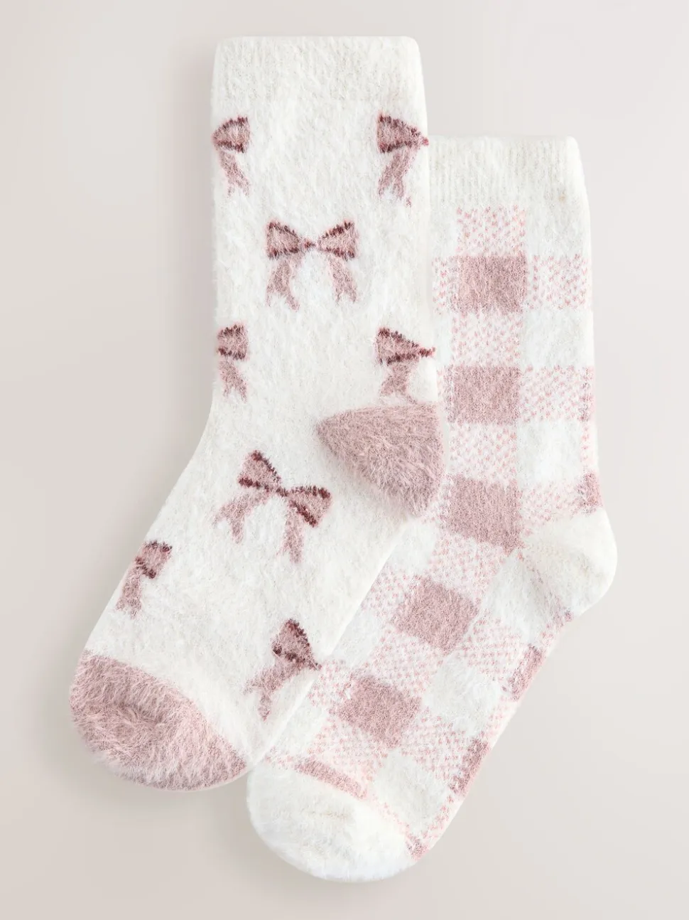 Pink Gingham/ Bows - 2 Paar superharige behaaglijke sokken