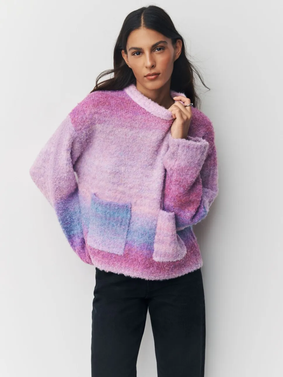 Pink/Purple Spacedye - Boucle Ronde hals Trui Met Wol