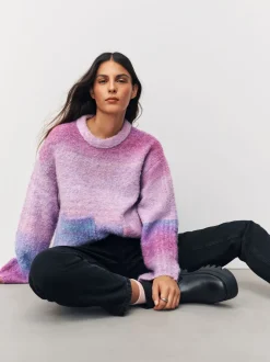 Pink/Purple Spacedye - Boucle Ronde hals Trui Met Wol