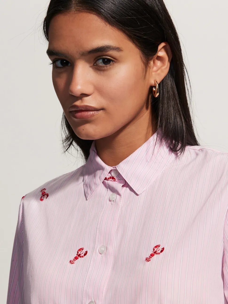 Pink/White Stripe Lobster - Overhemd met lange mouwen en borduursel