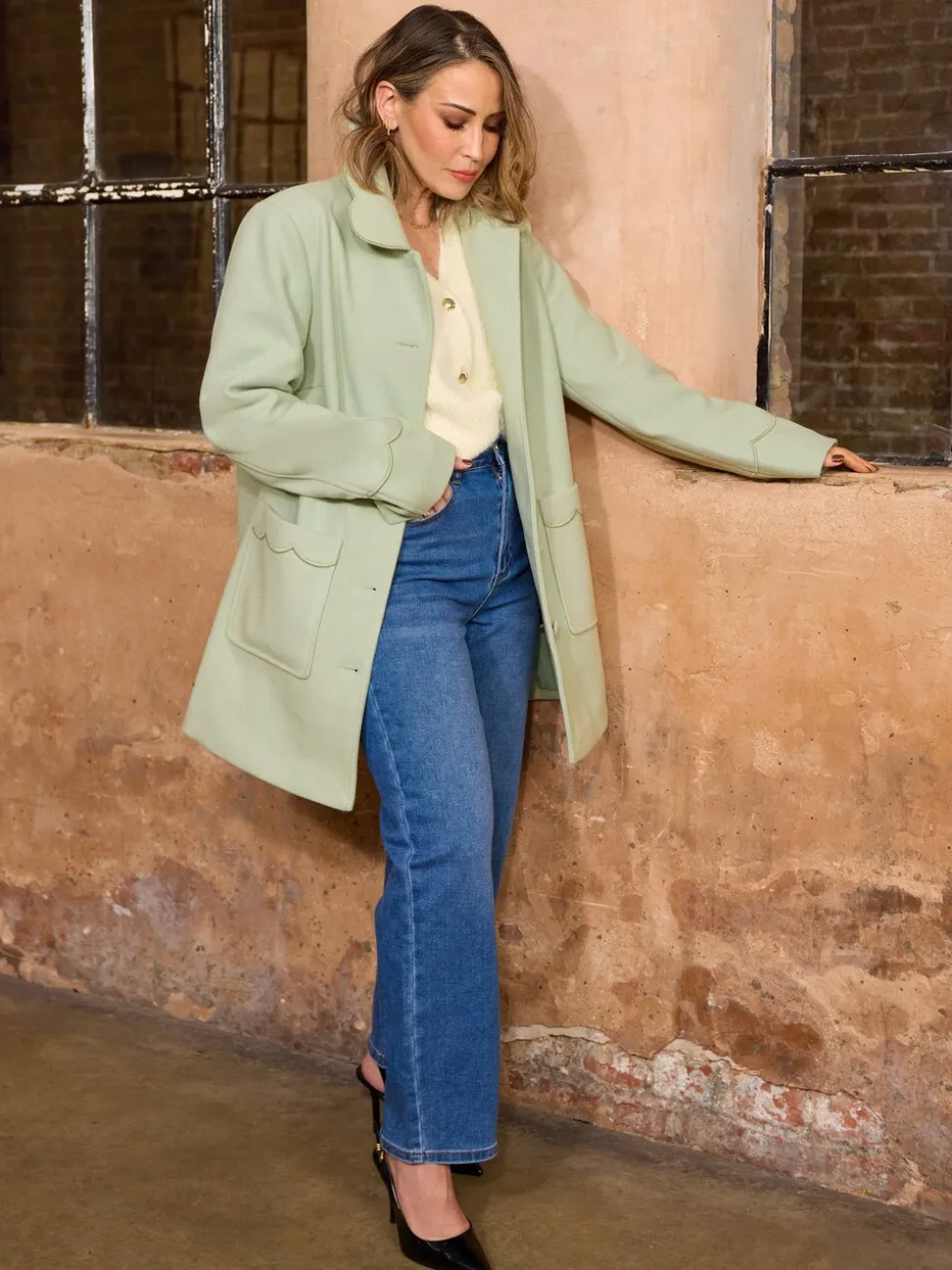Pistashio Green - Love & Roses Mid Length Scallop Trim Dolly Coat
