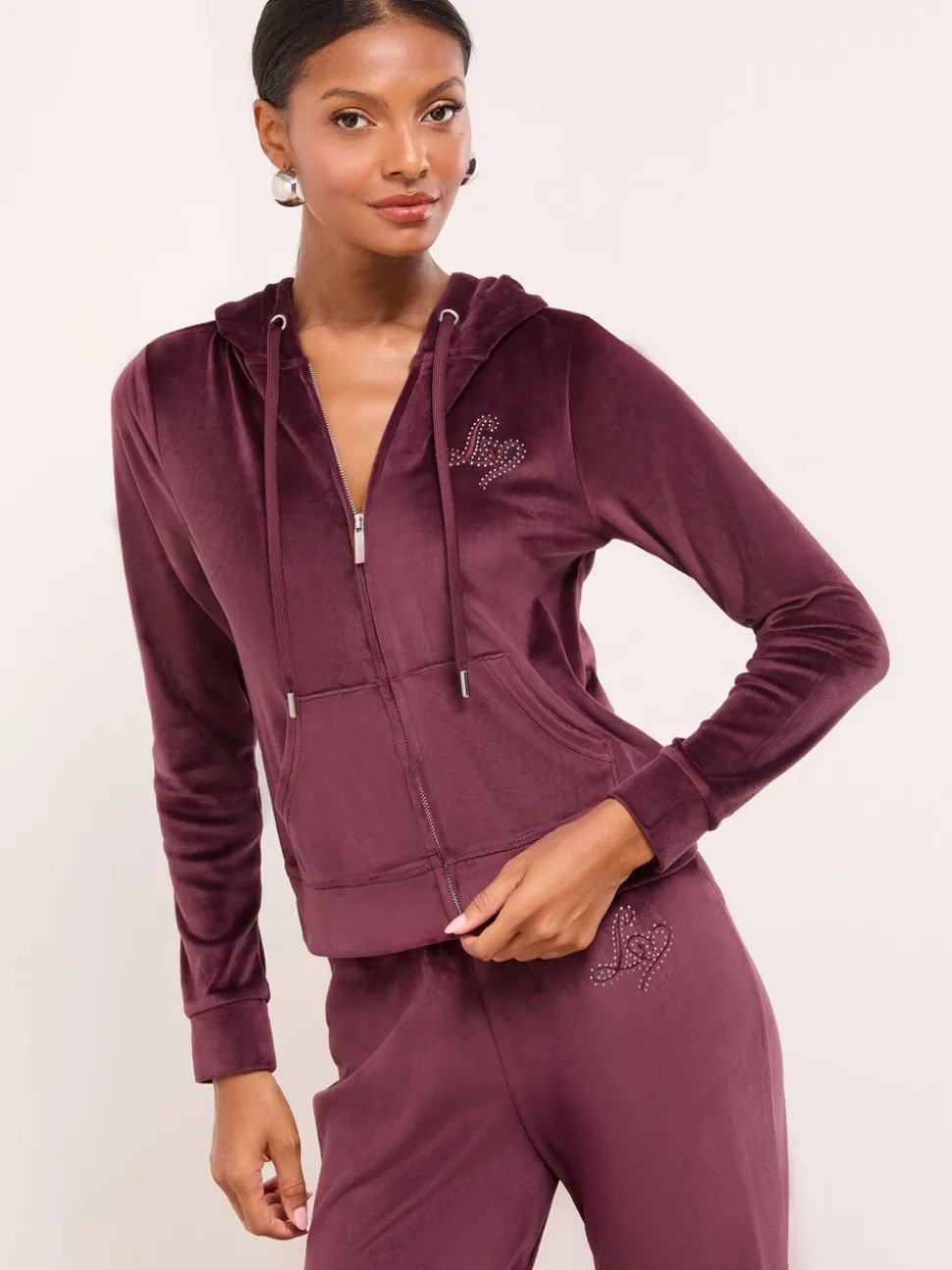 Plumb Paars - Lipsy - Geborduurde velours hoodie met rits