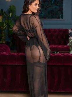 Pour Moi - Lange boudoirjurk van mesh en kant