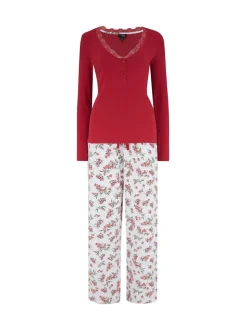 Pour Moi Rib Jersey Lace Trim Henley Top and Brushed Cotton Pyjamas Set