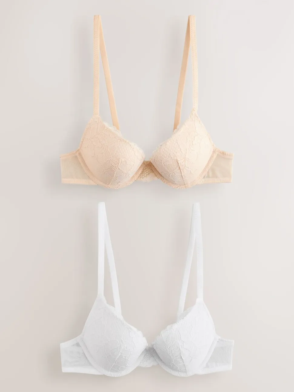 Praline huidskleur & wit - Set van 2 push-up beha's met lage decolleté en kant