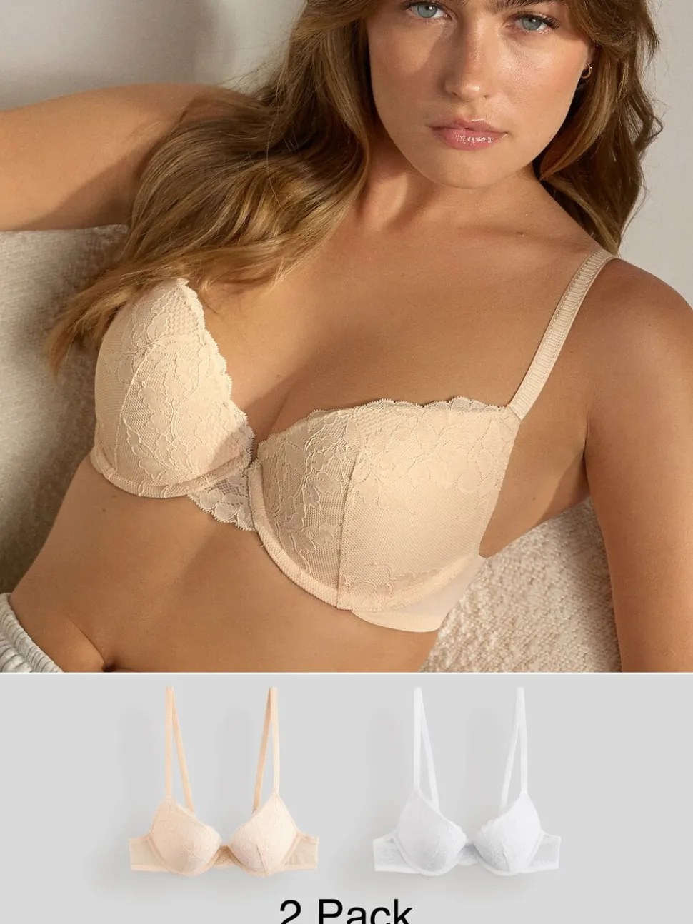 Praline huidskleur & wit - Set van 2 push-up beha's met lage decolleté en kant