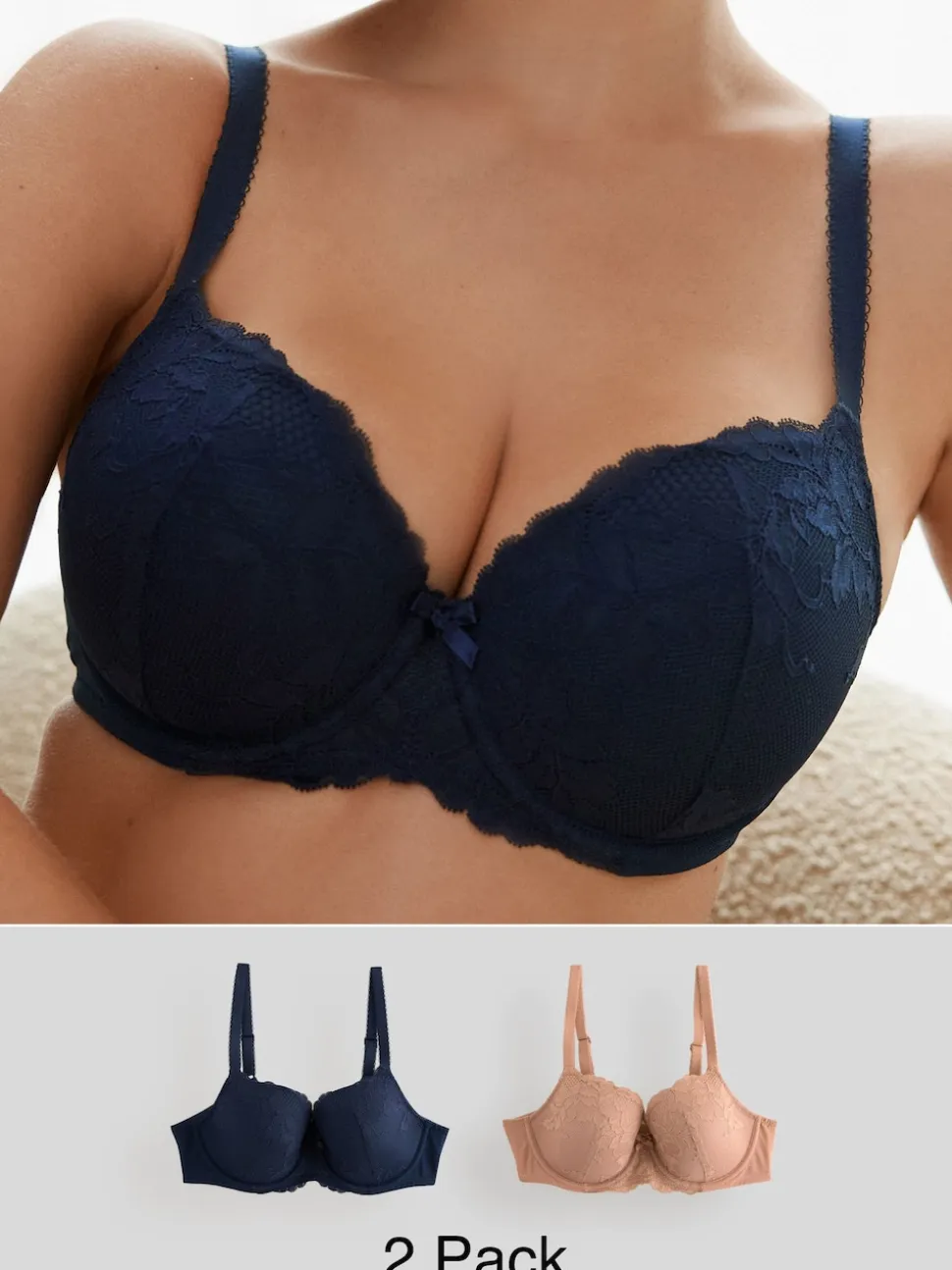 Praline huidskleur/donkerblauw - Verpakking van 2 kanten beha's cup DD+
