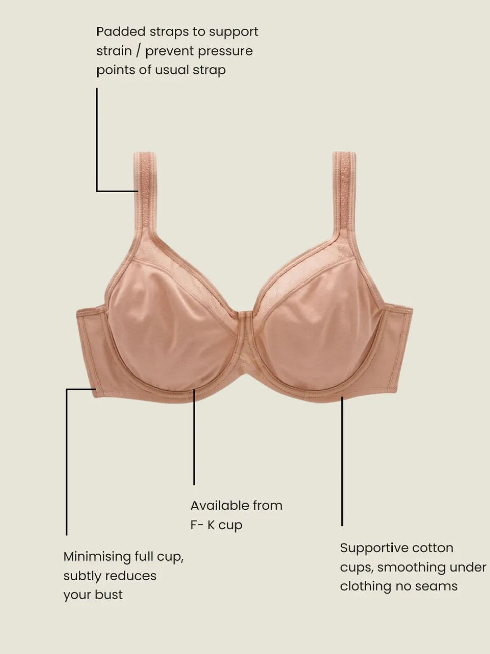 Praline nude - F-K katoenen minimiser beha met gewatteerde bandjes voor ultieme ondersteuning