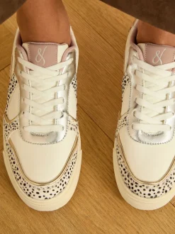Real Leather Multi White Spot - Love & Roses Mix Flatform Comfort Retro Low Top Trainers