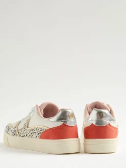 Real Leather Multi White Spot - Love & Roses Mix Flatform Comfort Retro Low Top Trainers