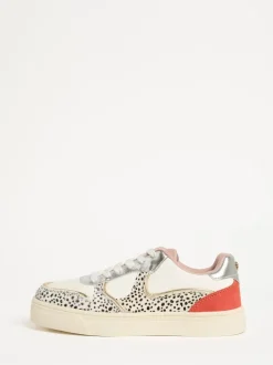 Real Leather Multi White Spot - Love & Roses Mix Flatform Comfort Retro Low Top Trainers