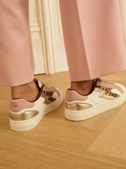 Real Leather Pink Leopard White - Love & Roses Mix Flatform Comfort Retro Low Top Trainers