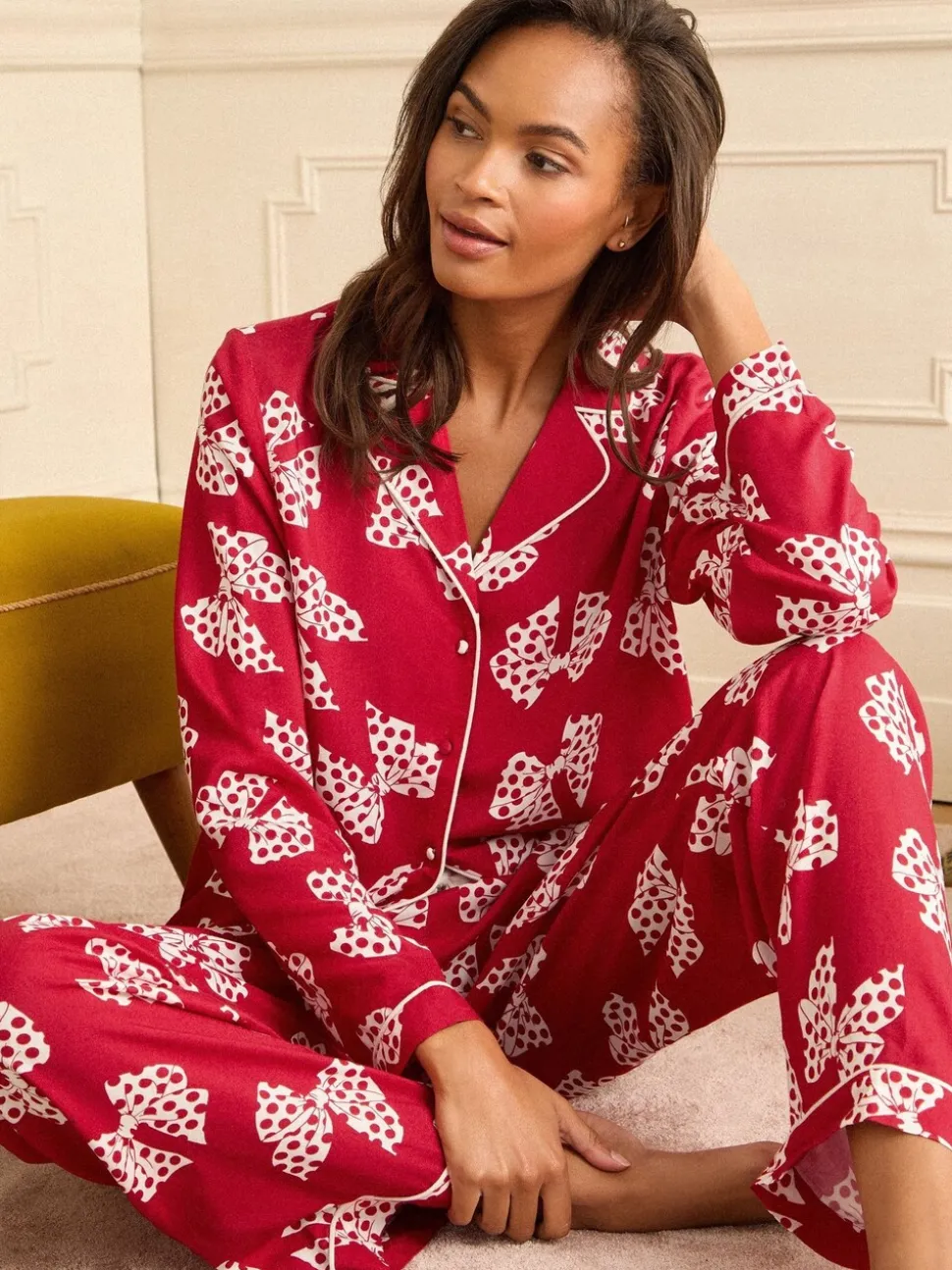 Red and White Bow Print - Love & Roses Button Down Pyjamas Set