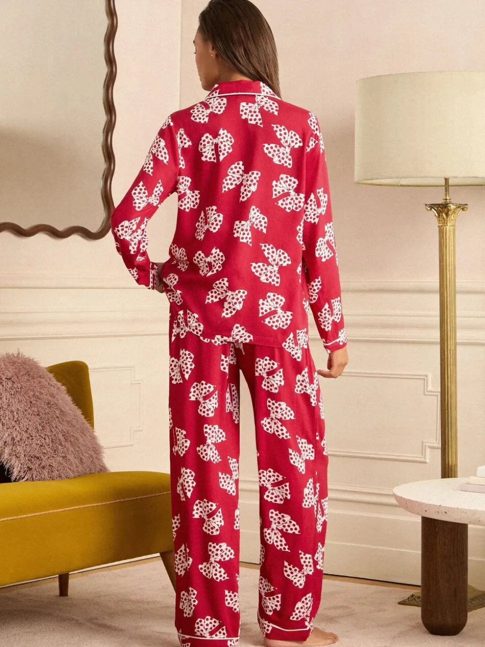 Red and White Bow Print - Love & Roses Button Down Pyjamas Set