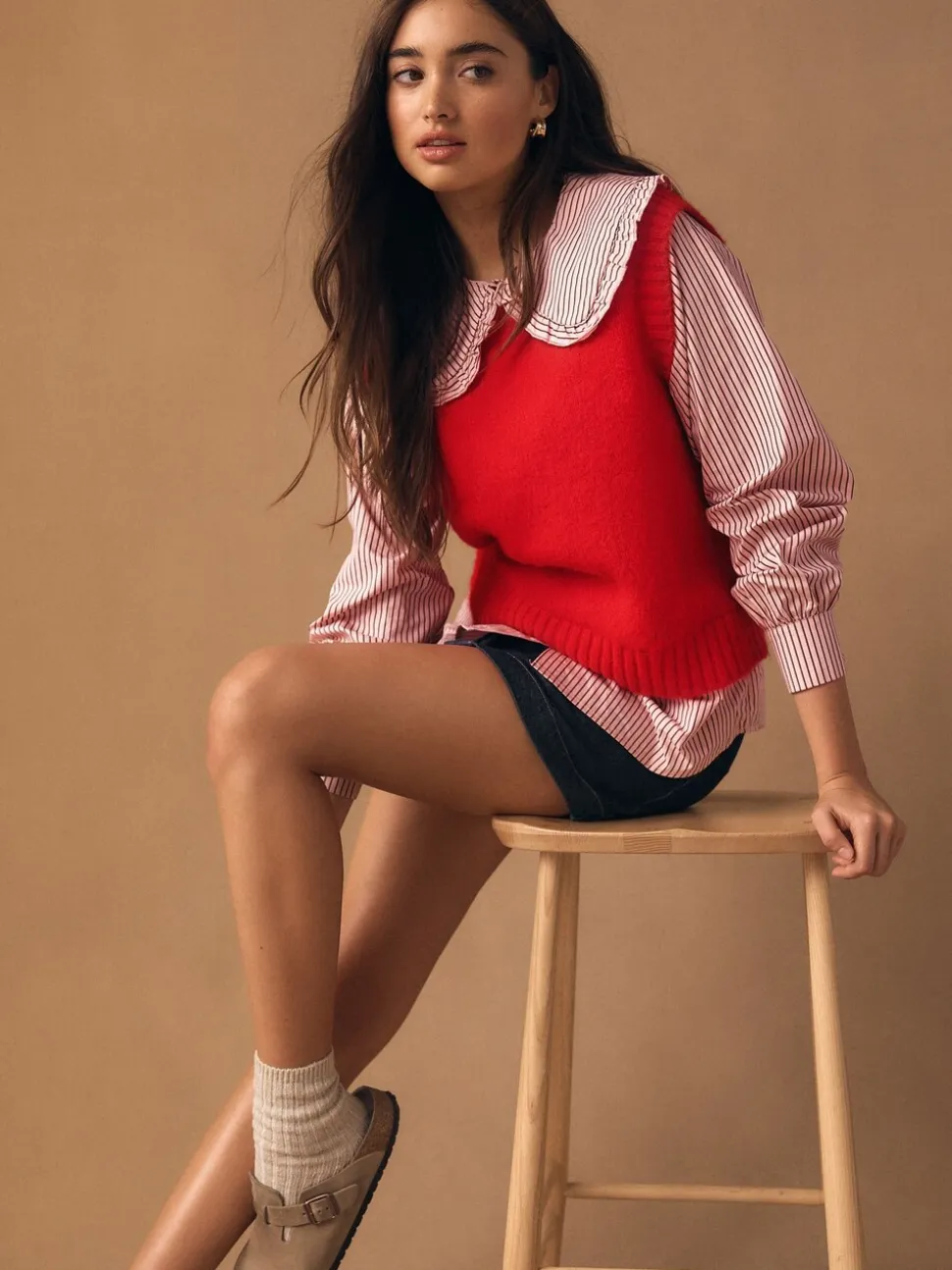 Red Pinstripe - Frill Collar Shirt Layer Knitted Tank