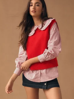 Red Pinstripe - Frill Collar Shirt Layer Knitted Tank
