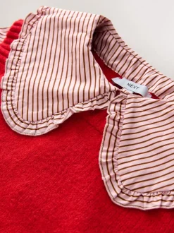 Red Pinstripe - Frill Collar Shirt Layer Knitted Tank