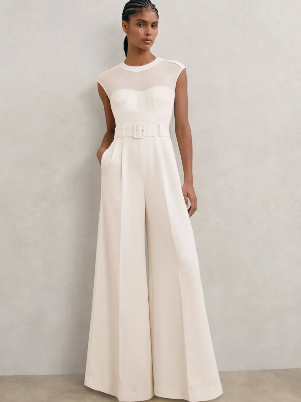 Reiss Alba Sheer-Panel Wide-Leg Belted Jumpsuit