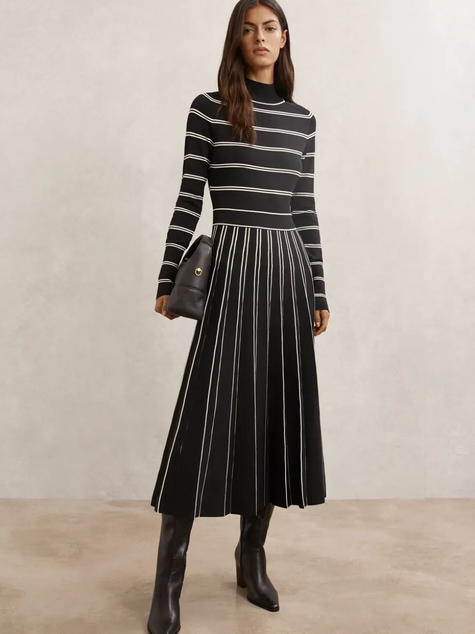 Reiss Amber Stripe Pleated Knitted Midi Dress