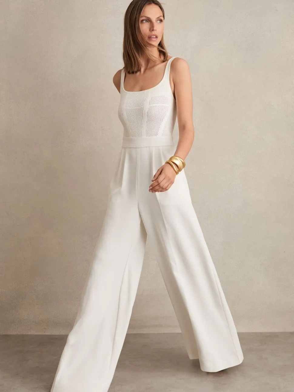 Reiss Carla Perforated-Knit Wide-Leg Jumpsuit