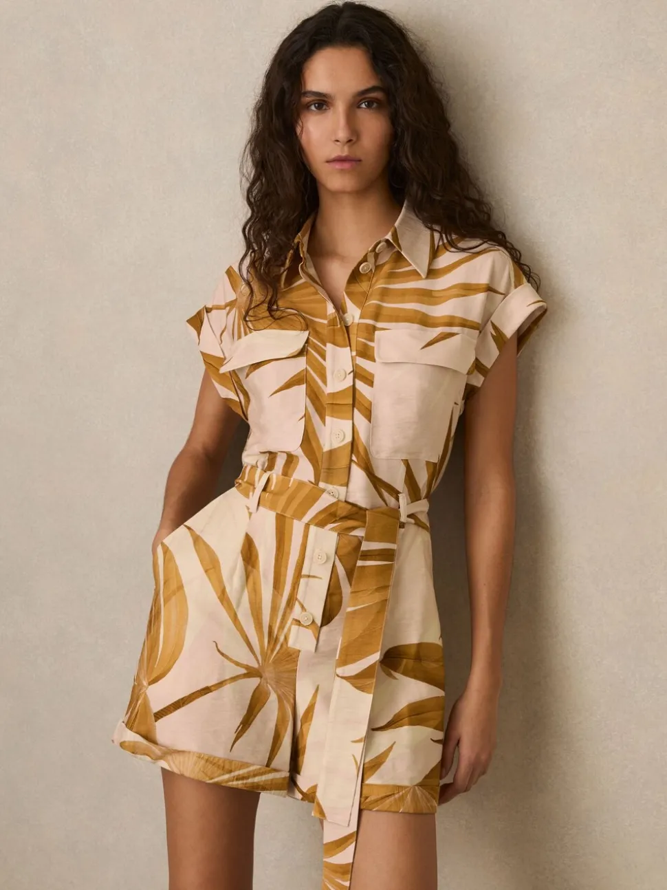 Reiss Harri Palm Print Belted Playsuit