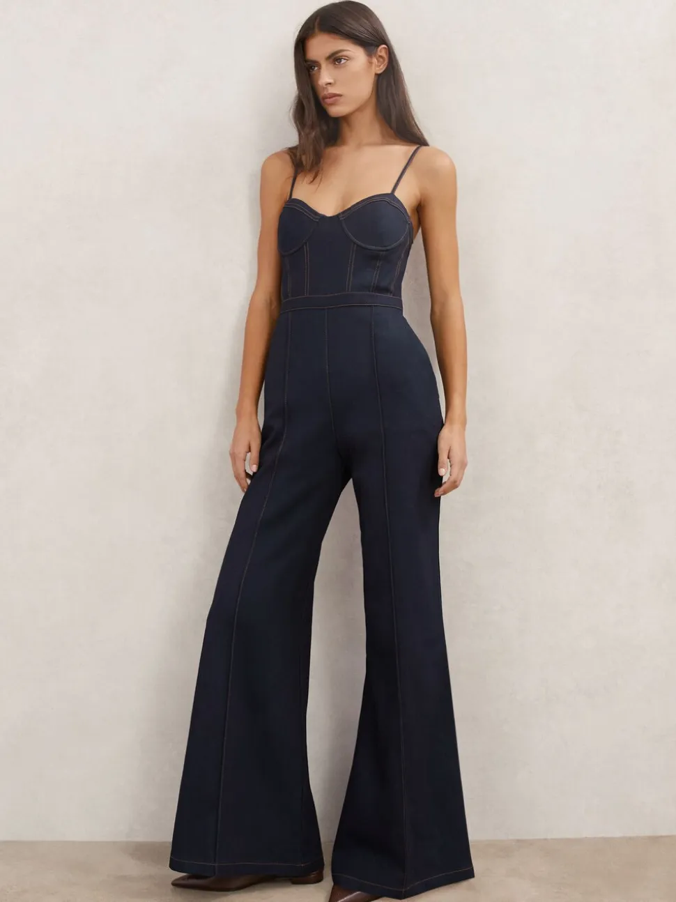 Reiss Macey Wide-Leg Bustier Denim Jumpsuit