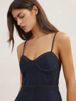 Reiss Macey Wide-Leg Bustier Denim Jumpsuit