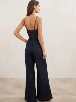 Reiss Macey Wide-Leg Bustier Denim Jumpsuit