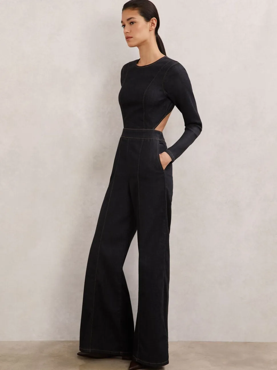 Reiss Sanata Wide-Leg Open-Back Denim Jumpsuit