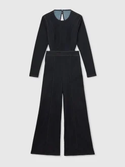 Reiss Sanata Wide-Leg Open-Back Denim Jumpsuit
