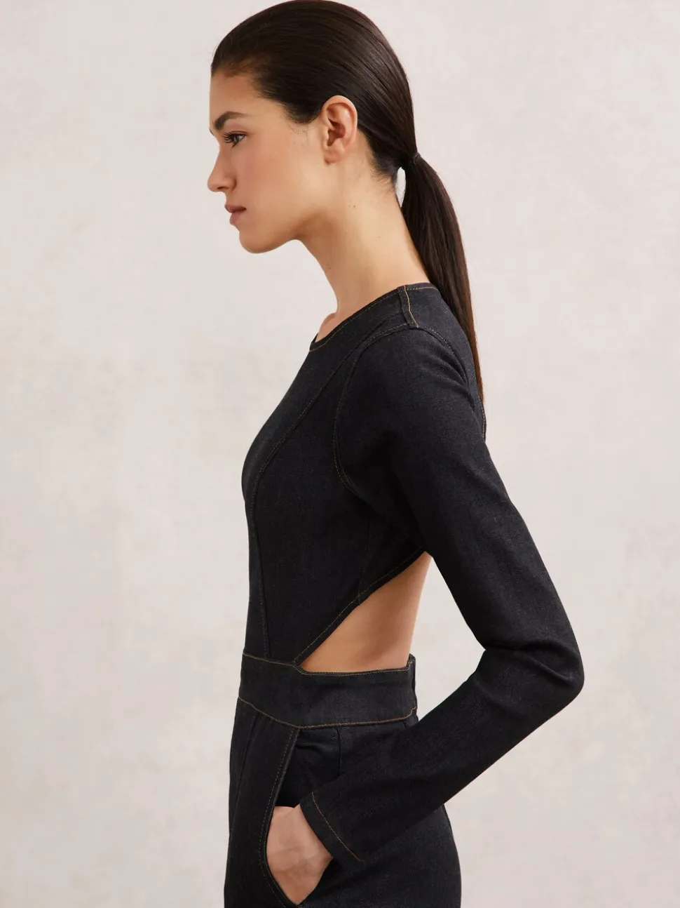 Reiss Sanata Wide-Leg Open-Back Denim Jumpsuit