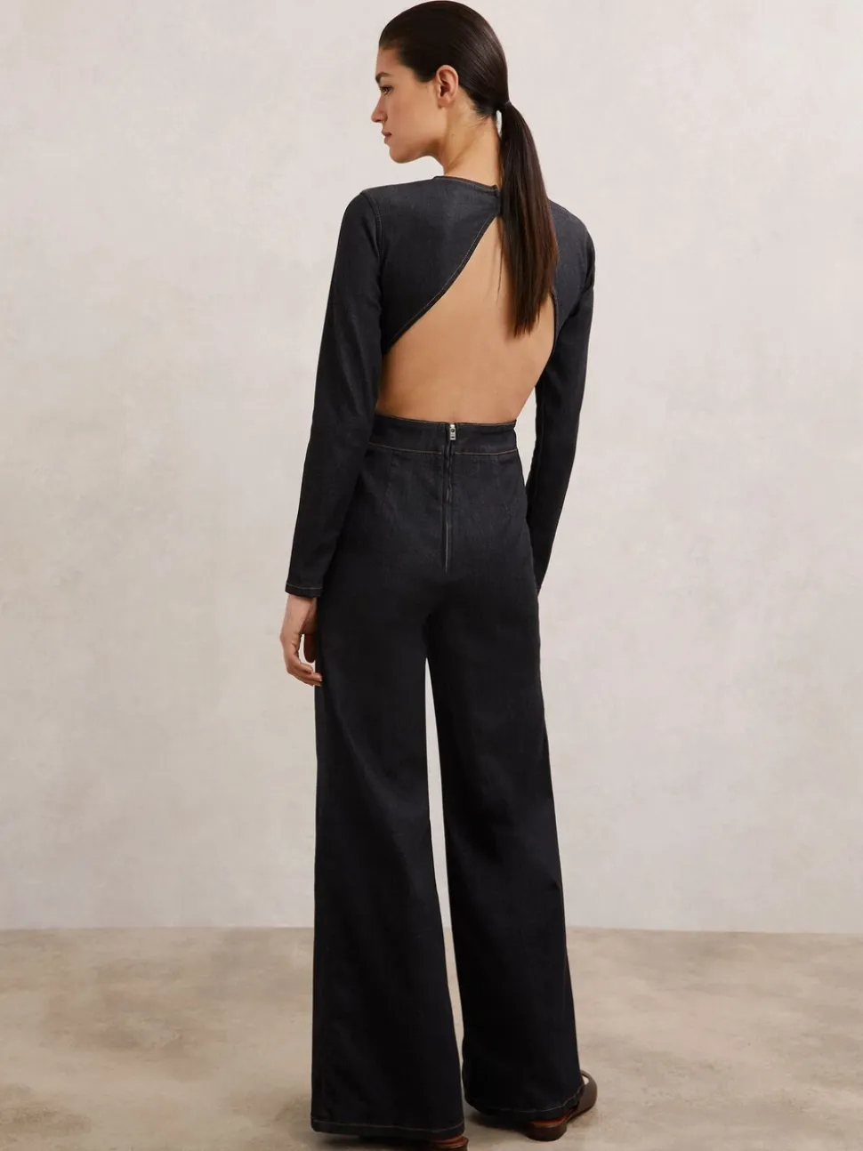 Reiss Sanata Wide-Leg Open-Back Denim Jumpsuit