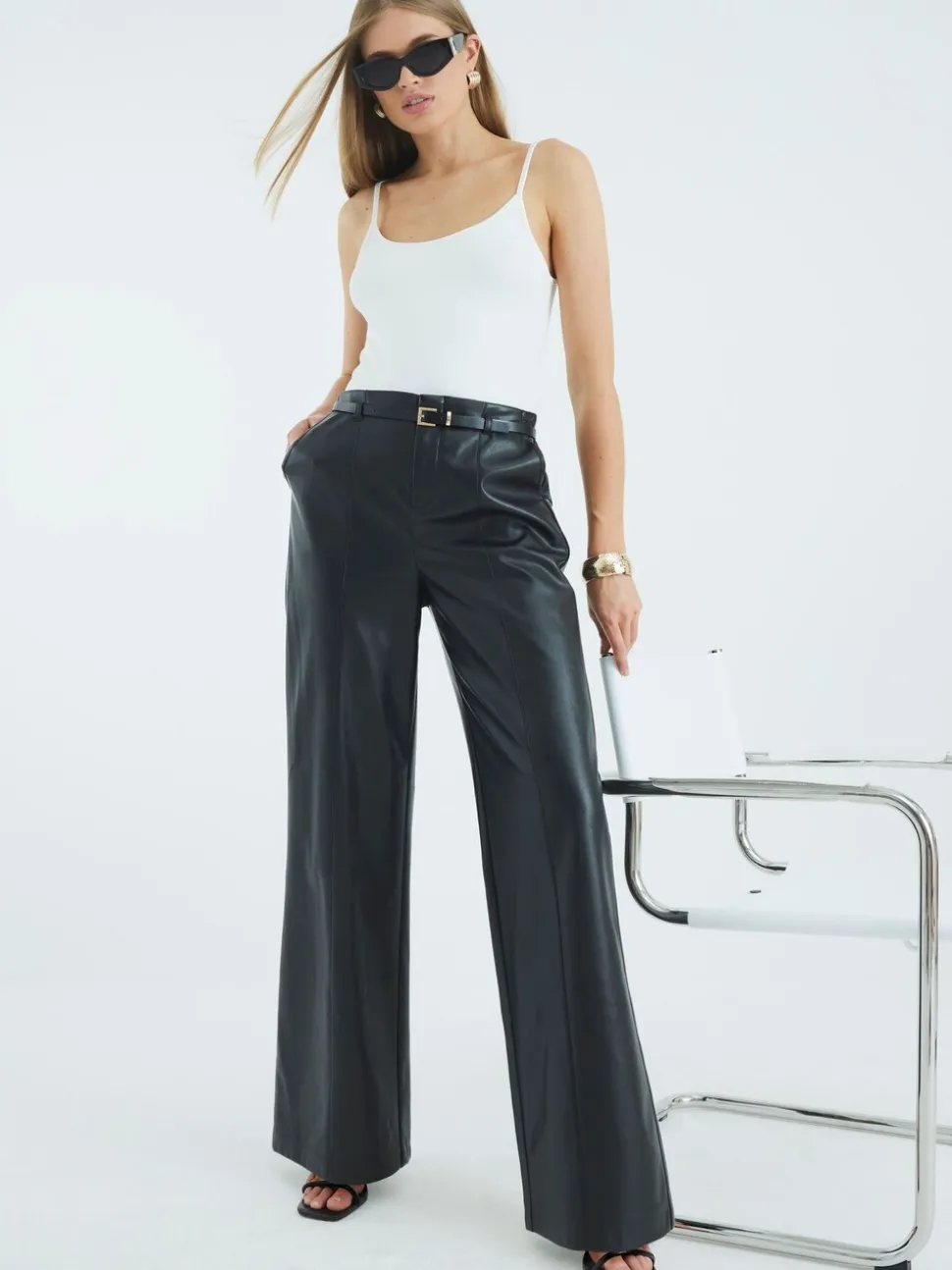 River Island Faux Leather Belted Wide Leg Trousers