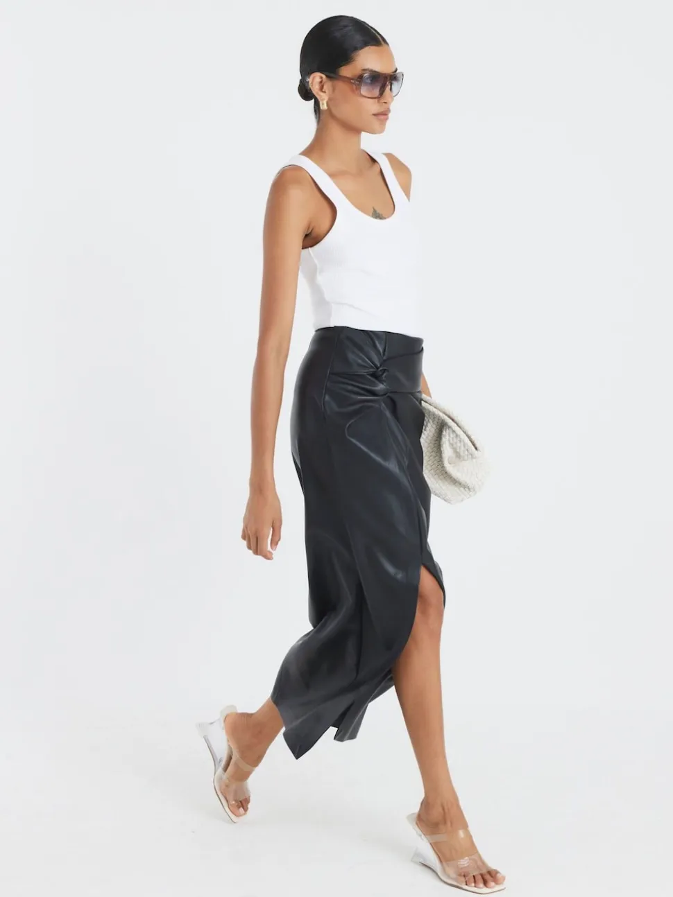 River Island Faux Leather Twist Side Midi Skirt