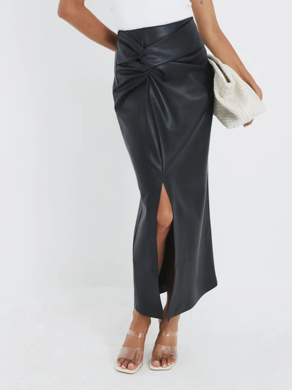 River Island Faux Leather Twist Side Midi Skirt