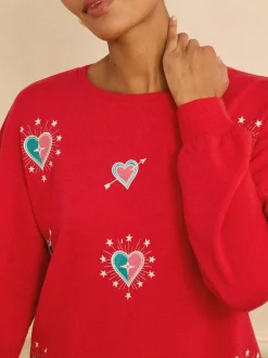 Rode geborduurde hartjes - Love & Roses - Jersey sweatshirt met ronde hals